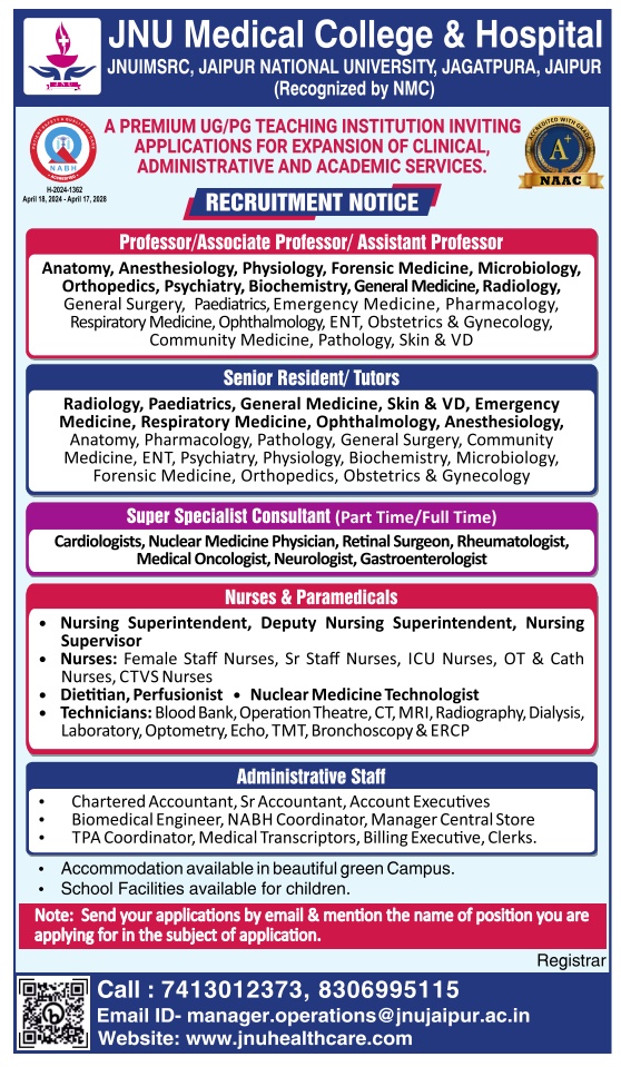 JNU MCH Jaipur Teaching & Non-Teaching Job 2024